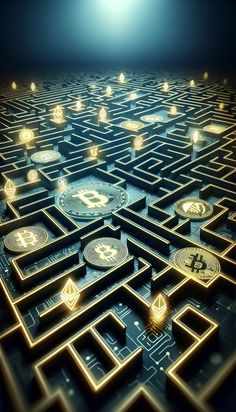 a bunch of bitcoins are in the middle of a maze that is lit up