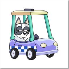 a cartoon dog driving a purple car on a white background