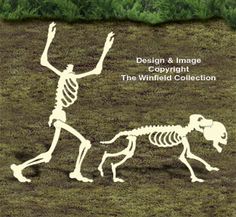 an image of a skeleton being pulled by a dog on the ground with grass in the background