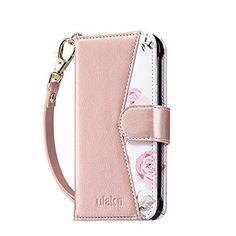 a pink flowered wallet case with a keychain hanging from the front and an id holder attached to it