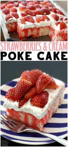 strawberries and cream poke cake on a plate