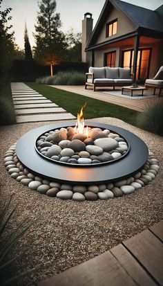 an outdoor fire pit with rocks on the ground