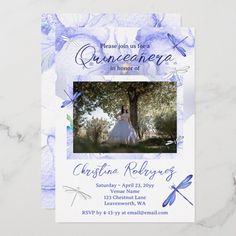 a purple and blue wedding announcement card with an image of a woman in a dress