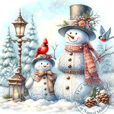 two snowmen with hats and scarfs standing next to a lamp post in the snow