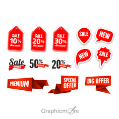 red sale stickers and tags with special offer discounts on white background, eps file