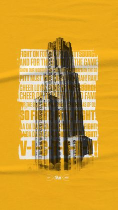 an abstract image of a tall building in yellow and white with words all over it