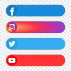 three different colored buttons with social icons on them, including one for twitter and the other for