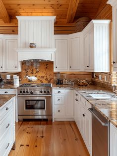 a kitchen with white cabinets and wood flooring on the ceiling is pictured in this image