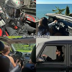 there are two pictures with people in the car and one has a motorcycle helmet on