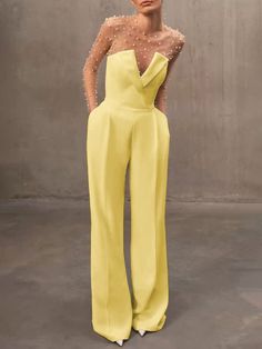 An exclusive offer for you——Affordable prices at Fehaute store, SPU: 4AH19JU658801, Color: White Light Yellow, Decoration/Process:Imitation Pearls, Style:Urban. What To Wear To A Summer Party, Light Yellow Outfit, Jumpsuit Runway, Wedding Guest Jumpsuit, Affordable Evening Dresses, Jumpsuit For Wedding Guest, Elegant Jumpsuit, Classy Jumpsuit, Yellow Jumpsuit