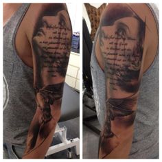 a man's arm with an eagle and poem tattooed on it