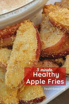 some fried food on a white plate with the words 5 minute healthy apple fries