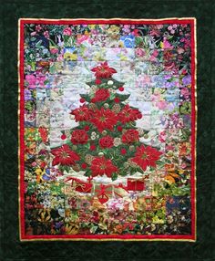 a quilted christmas tree with red poinsettias