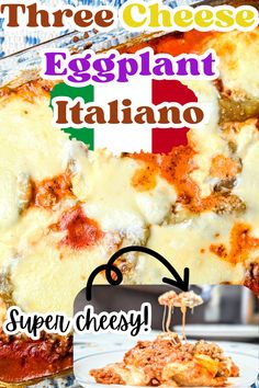 an eggplant pizza with cheese and sauce on it is shown in this advertisement for the three cheese eggplant italiano