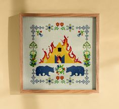 a cross - stitch pattern with two bears in front of a campfire