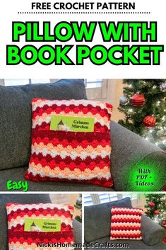 a crochet pillow with the words pillow with book pocket on it and an image of