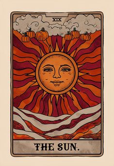 the sun tarot card with pumpkins and clouds in the background, as well as an orange sky