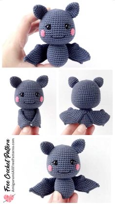 three pictures of a hand holding a small stuffed animal that looks like a bat with pink eyes