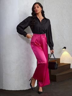 Black Top And Pink Pants, Pink Pants And Black Top Outfit, Dark Pink And Black Outfit, Black And Pink Work Outfit, Hot Pink Top Outfit Work, Pink White And Black Outfit, Pink Silk Pants Outfit, Pink Shirt With Black Pants, Hot Pink Pants Outfit Winter