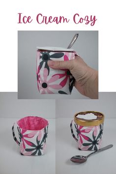 an ice cream cosy with pink flowers on it and a spoon in the cup