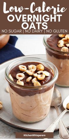 two jars filled with overnight oats on top of a plate