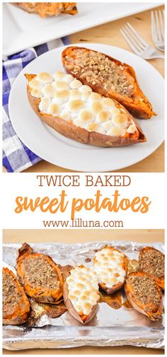 two baked sweet potatoes on a plate with the words twice baked sweet potatoes over them