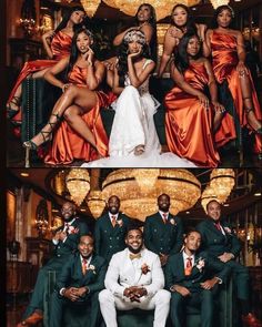 the bride and groom are posing for pictures with their bridal party in orange dresses