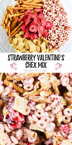 strawberry valentine's chex mix in a glass bowl