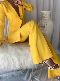 Luxury Yellow Bottoms For Workwear, Luxury Yellow Wide-leg Pants, Luxury Chic Solid Color Blazer, Luxury Solid Color Chic Blazer, Luxury Orange Spring Blazer, Luxury Yellow Blazer For Workwear, Luxury Orange Blazer For Office, Luxury Orange Blazer For Formal Occasion, Luxury Yellow Blazer For Semi-formal Occasions