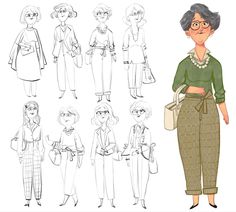 an old woman in various poses for the character model sheet, including her hair and glasses