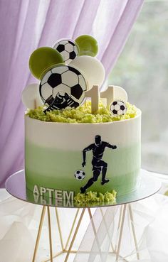 a birthday cake decorated with soccer themed decorations