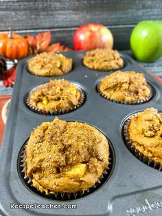 muffins with apples and cinnamon in the background