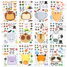 an assortment of animal stickers on a white background with different colors and shapes,