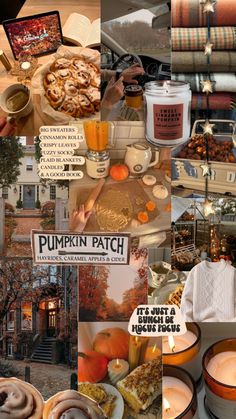 a collage of photos with pumpkins, candles, and other things in them