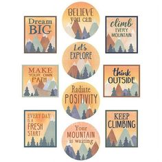 six stickers with different words on them in the shape of mountains and pine trees