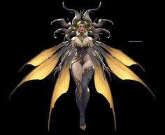 a woman with yellow wings is standing in the dark