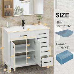 the measurements for a bathroom vanity with drawers and mirror above it are shown in white