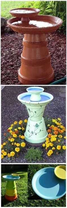 four different colored bowls sitting on top of each other in the grass with flowers around them