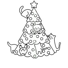 a drawing of a christmas tree with cats around it and a star on the top