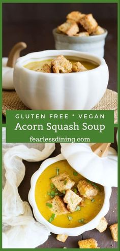 a bowl of soup with croutons in it and the text gluten free vegan acorn squash soup