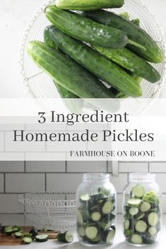 three jars filled with cucumbers on top of a counter next to each other