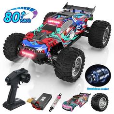 the remote controlled monster truck is shown with all its parts and accessories on it's side