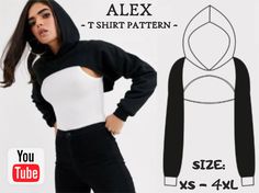 an image of a woman wearing a hoodie and black pants with the text, alex t shirt pattern size xs - 4xl