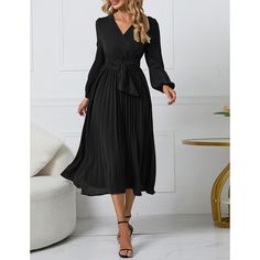 Black V Neck Pleated Long Sleeve Dress with Belt Black Pleated Midi Dress For Office, Black Pleated Midi Dress For Fall, Black Long Sleeve Office Maxi Dress, Black Long Sleeve Maxi Dress For Office, Black Pleated Maxi Dress For Work, Black Belted Maxi Dress For Fall, Fall Pleated Midi Dress For Date Night, Black Pleated V-neck Maxi Dress, Plain Dress Casual