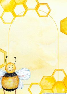 a watercolor painting of a bee with honeycombs in the background and an empty space for text