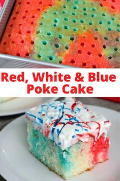 red, white and blue poke cake on a plate