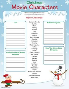 christmas movie character list with snowman and sleigh