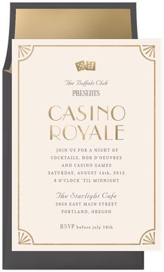 the casino royale party card is shown in gold and black, with an elegant border