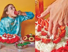 a girl is eating strawberries and looking at the cake with her hands on it