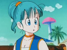 an anime character with blue hair standing in front of a mushroom like structure and trees